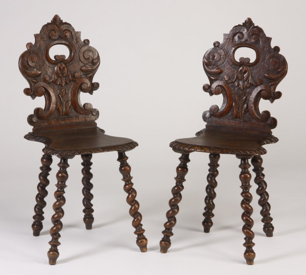 Pair of 19th Century Italian Carved Oak Hall Chairs