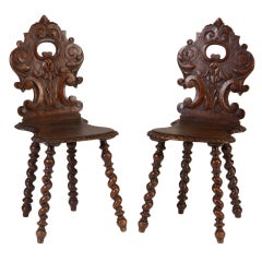 Vintage Pair of 19th Century Italian Carved Oak Hall Chairs