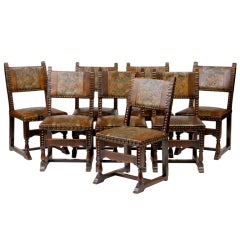 Antique Set of Eight 19th Century Italian Chairs in Tooled Leather