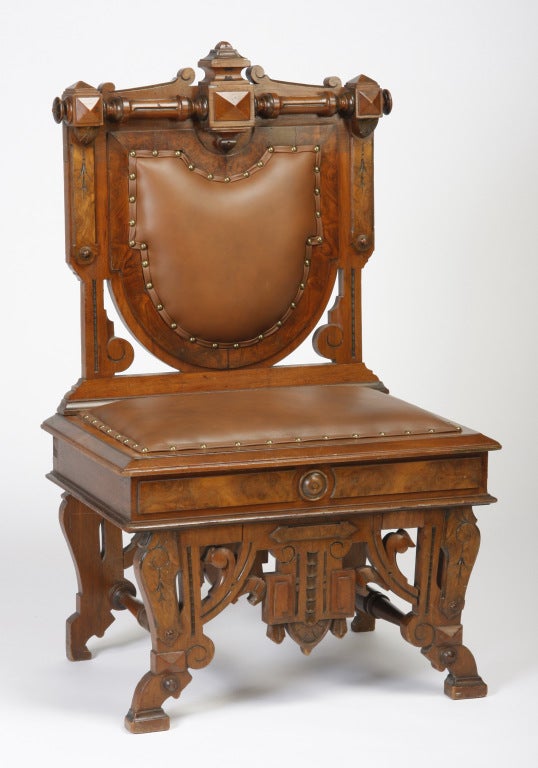 19th Century Carved Walnut Chair in Leather