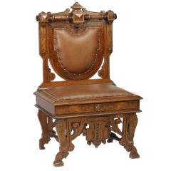 19th Century Carved Walnut Chair in Leather