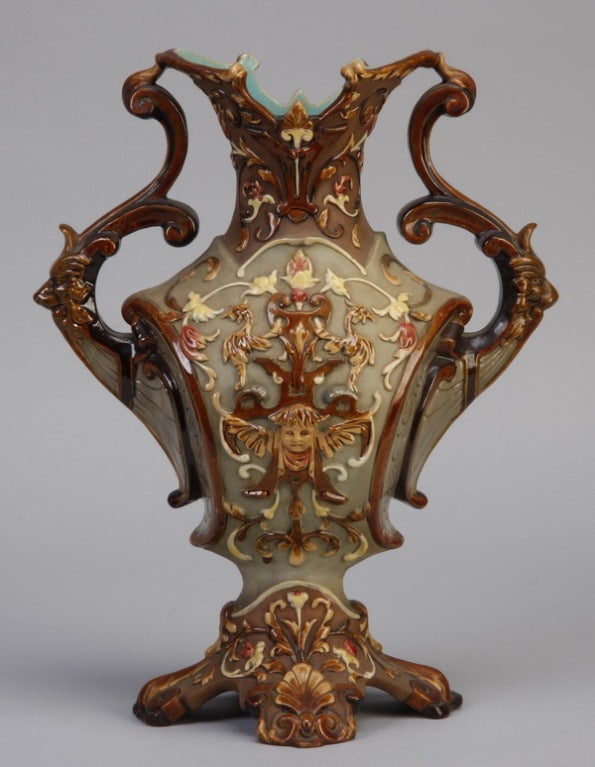 Late 19th century Bohemian majolica double handled urn, maker marked W S & S (Wilhelm Schiller & Son), 13.5