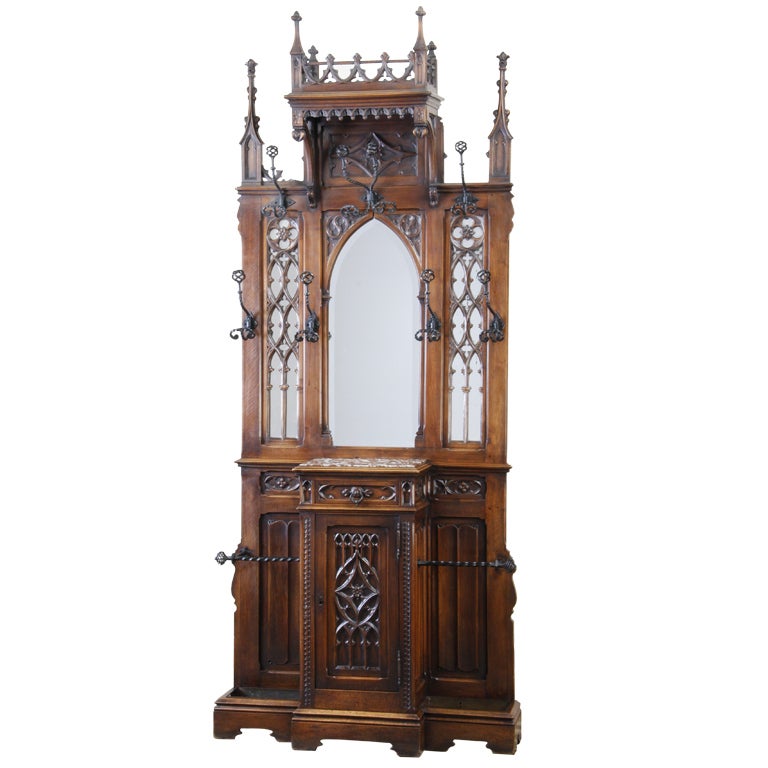 French Gothic Revival Carved Walnut Hall Tree For Sale
