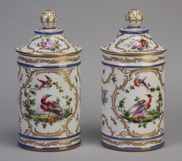 Pair of Hand Painted French Porcelain Lidded Jars