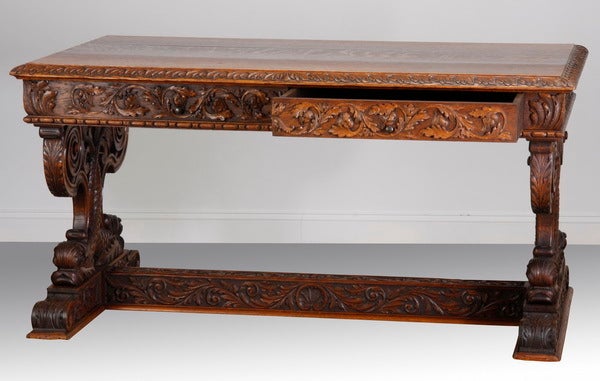 19th Century Carved Oak Library Table