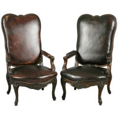 Antique Pair of 19th Century French Armchairs in Leather
