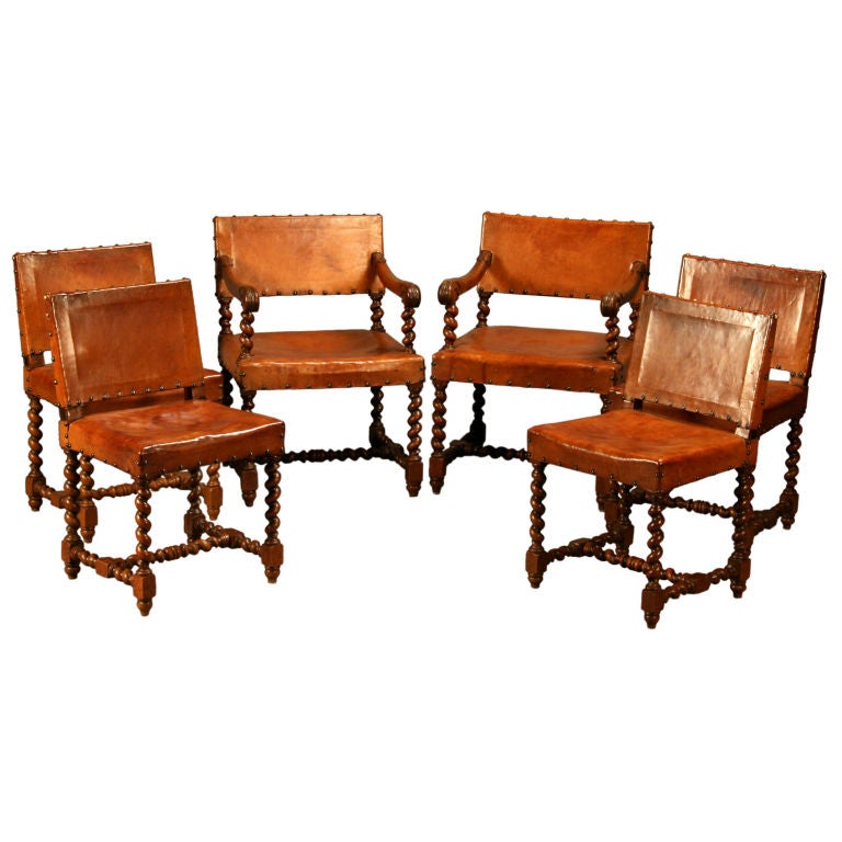 Group of Six 19th Century Jacobean-style Chairs with Leather For Sale