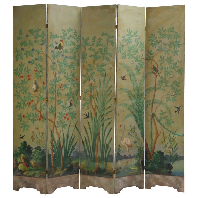 Mid 20th Century Hand Painted 5-panel Room Divider For Sale