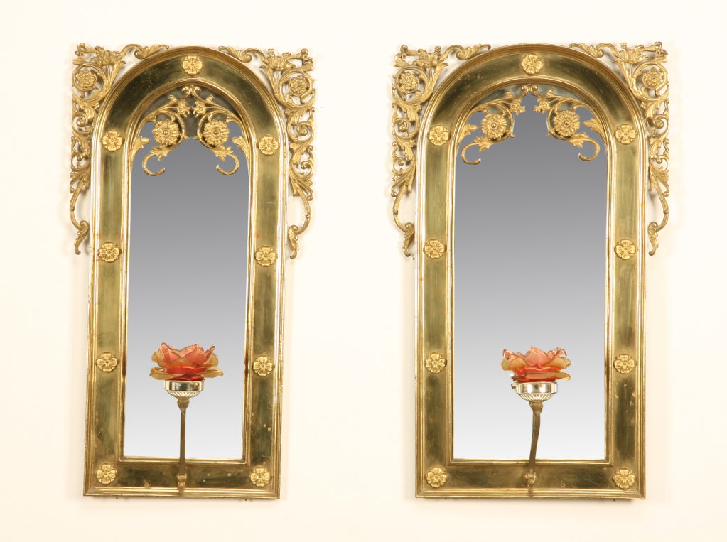 Pair of 19th Century Bronze Sconces with Mirrored Backs