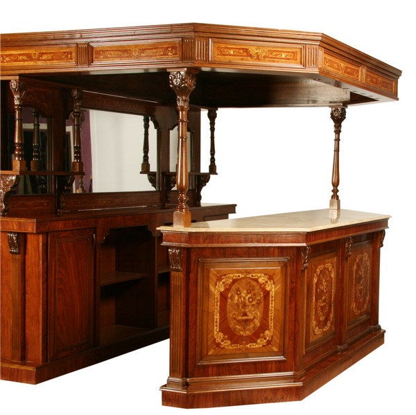 Marquetry inlaid canopy pub bar with marble serving counter, the back bar with storage cabinets and shelves, the front bar with shelves and ample space to install your own bar sink and refrigerator.