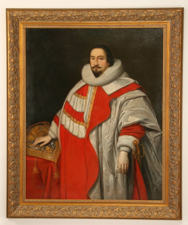 Oversized late 17th or early 18th century oil on canvas portrait of Sir Thomas Covenry, Chancellor Exchequer of England, after the original by Cornelis Jansses Van Ceulin in the National Portrait Gallery in London.