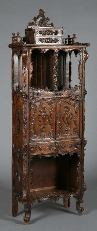 Intricately relief carved 19th century French Rococo walnut etagere with double door central storage and open upper and lower shelves, with two small storage drawers at the top.
