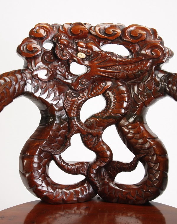 Wood Chinese Carved Armchair with Ivory Accents
