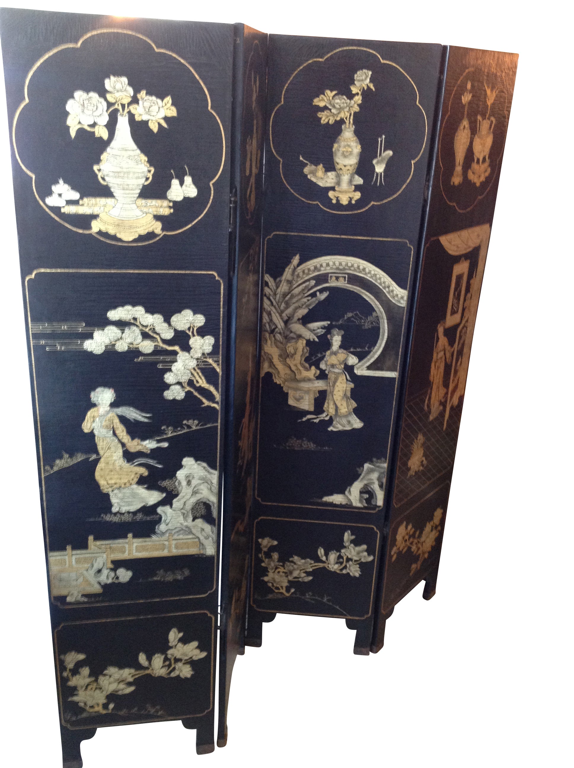 Four Panel Folding Screen, Chinese Blk with Gold Design, Mid 20th Century For Sale