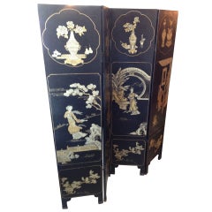 Four Panel Folding Screen, Chinese Blk with Gold Design, Mid 20th Century
