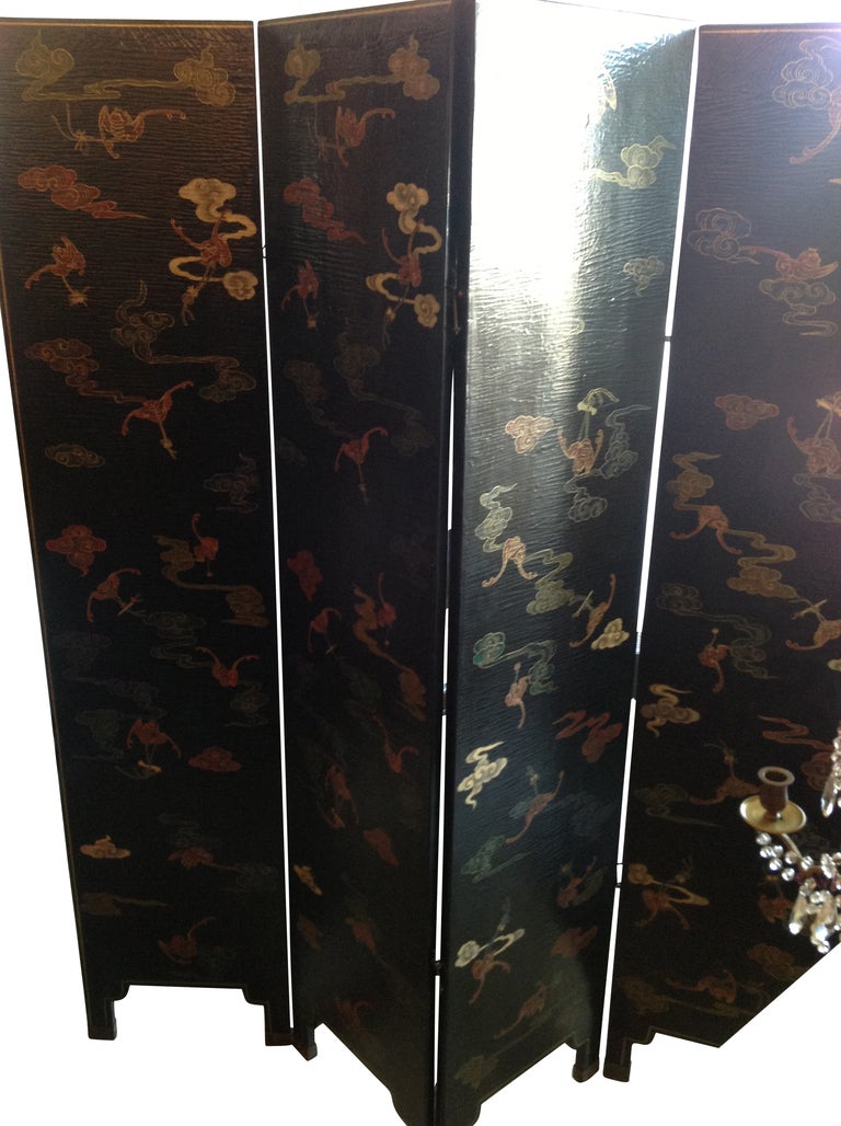 Four Panel Folding Screen, Chinese Blk with Gold Design, Mid 20th Century For Sale 1