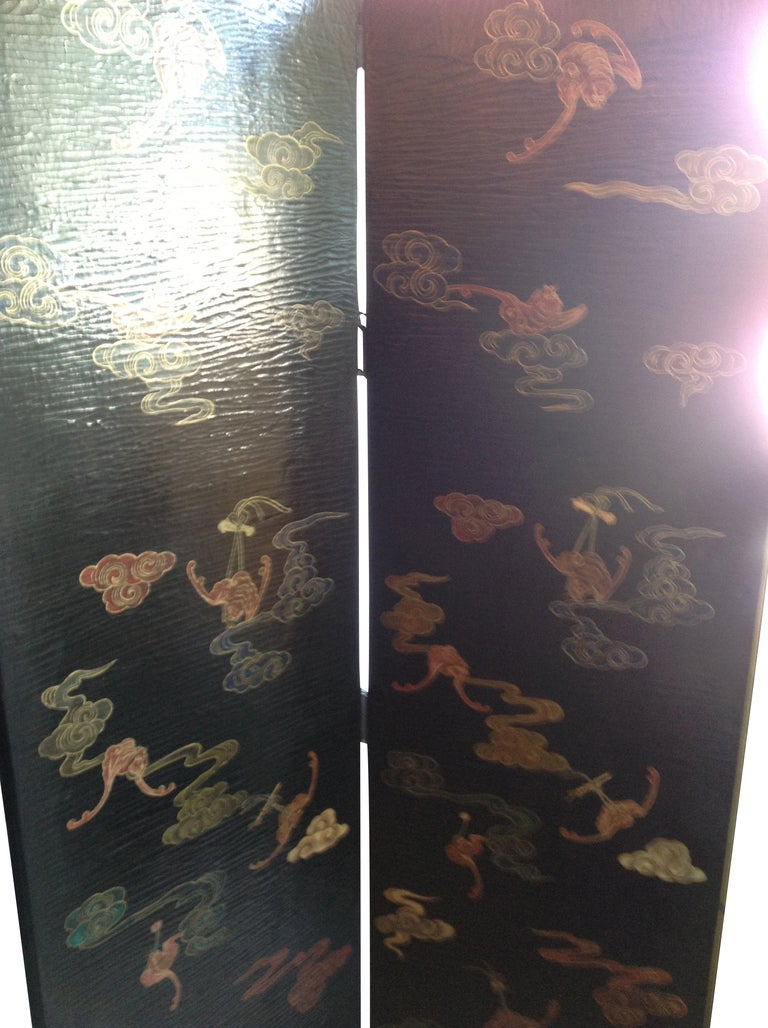 Four Panel Folding Screen, Chinese Blk with Gold Design, Mid 20th Century For Sale 3