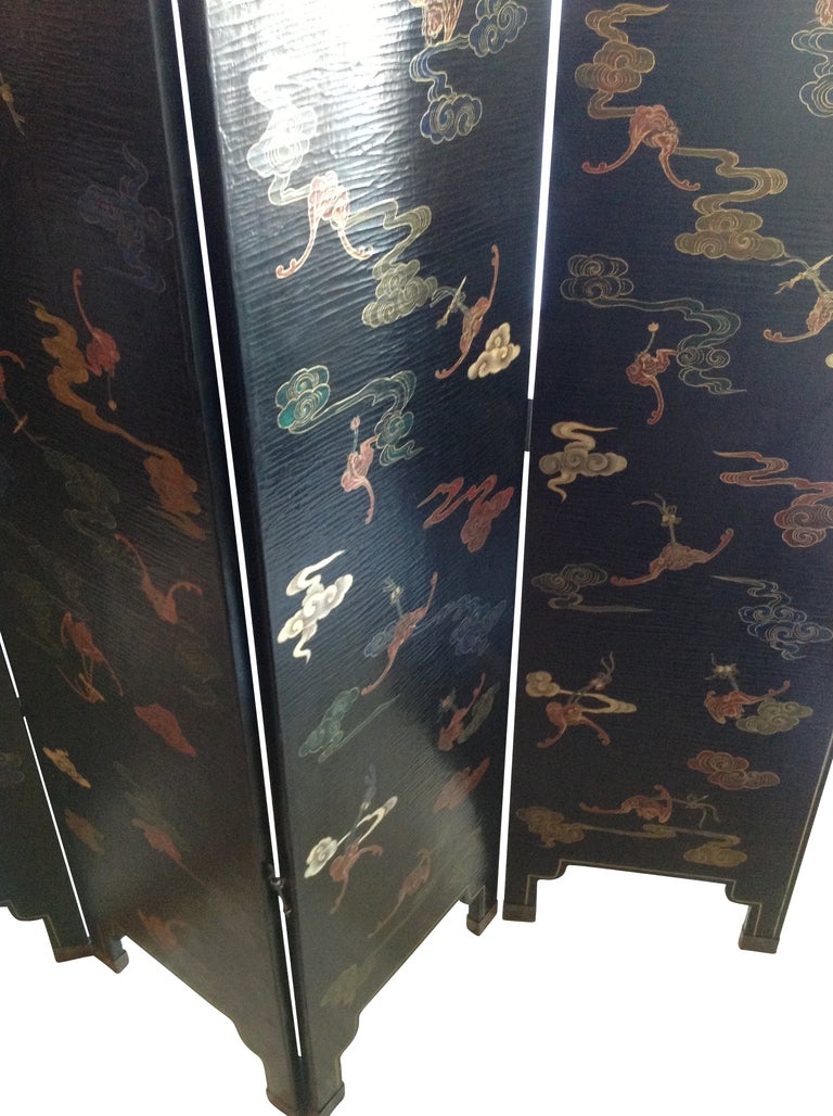 Four Panel Folding Screen, Chinese Blk with Gold Design, Mid 20th Century For Sale 4
