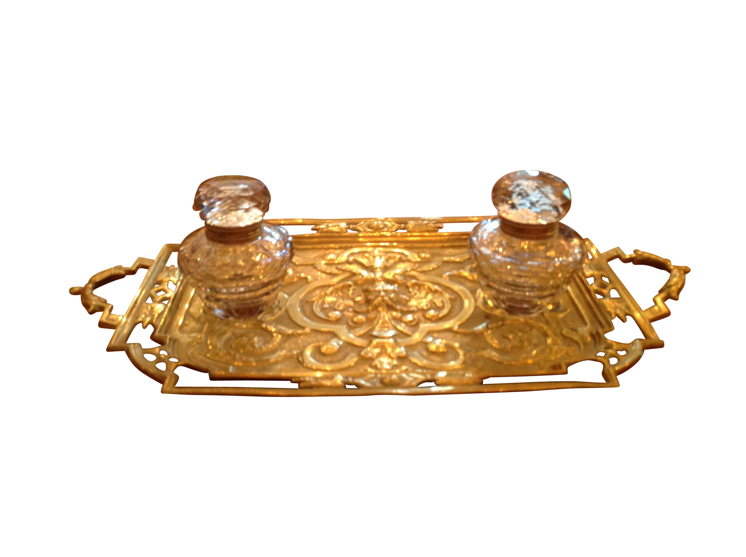 Victorian Brass Inkwell with Two Lidded Crystal Wells, 19th century For Sale