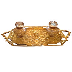 Victorian Brass Inkwell with Two Lidded Crystal Wells, 19th century