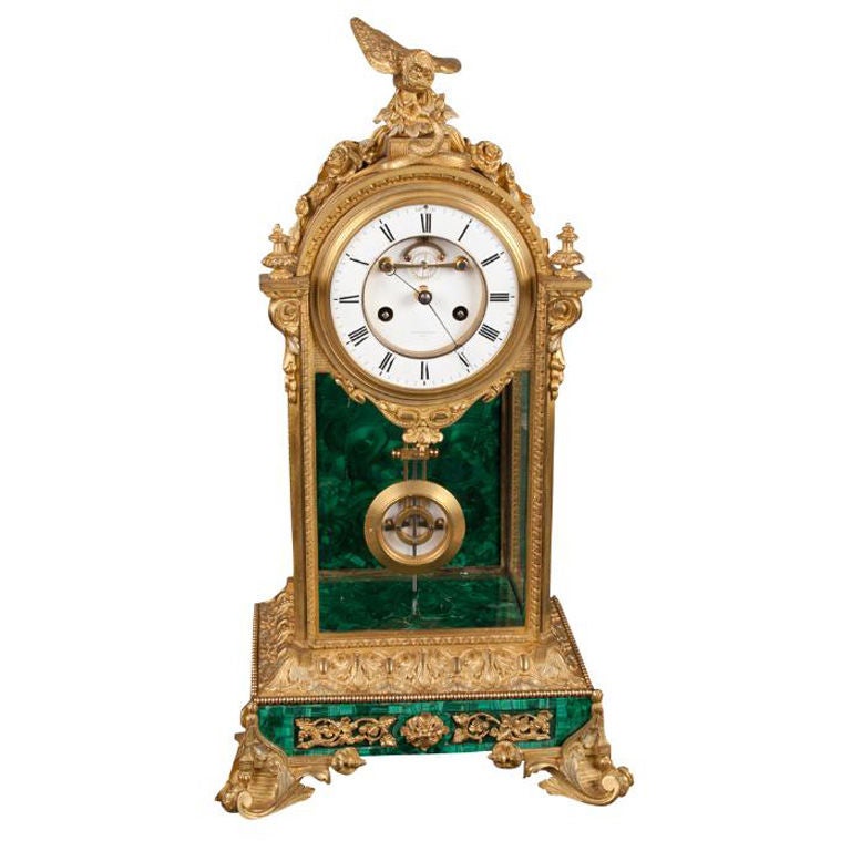French Ormolu & Malachite Mantel Clock, 19th Century For Sale