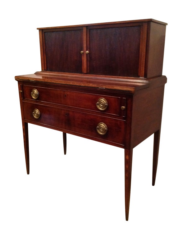 Writing Desk, end table, American, Boston, Massachusetts,, Mahogany with Tambour Doors, Fold Out Desk Surface Lined With Felt, Original Hardware & Restored Original Finish