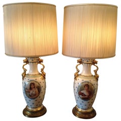 Pair of Serves Style Porcelain Vases/ Lamps, Female Portraits, 19th century