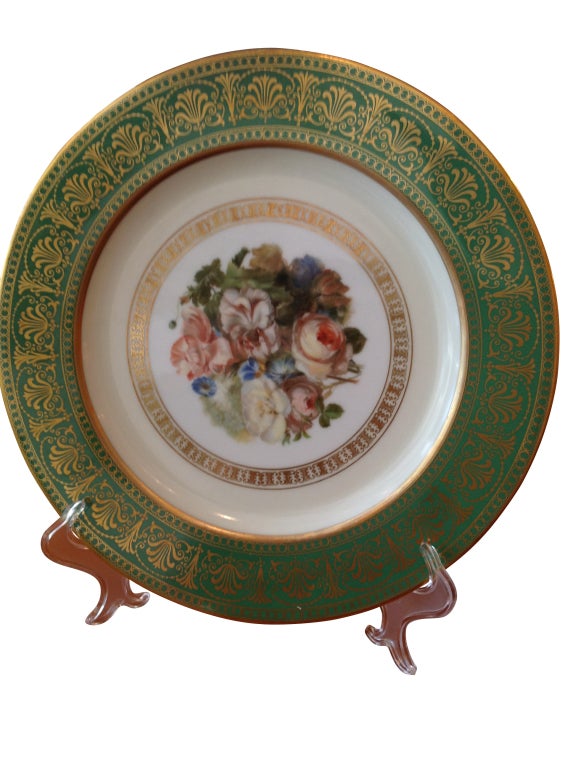 Excellent Set of 12 Bavarian Porcelain Plates, Green with floral pattern. Original Condition 
