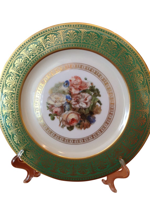 German Set of 12 Bavarian Porcelain Plates, Service, Green & Floral, 19th century