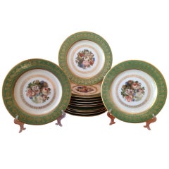 Set of 12 Bavarian Porcelain Plates, Service, Green & Floral, 19th century