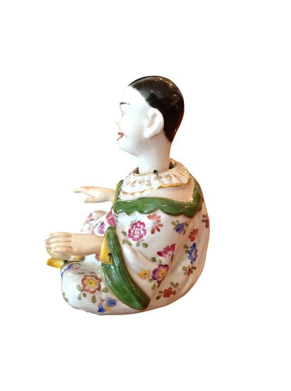 Chinoisie Meissen Porcelain Seated Nodder, Hand Painted, French, Moveable Hands & Head, Original Condition