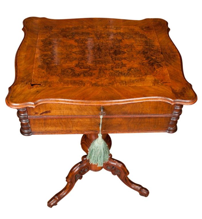 English Burl Walnut Work, Side, End, Tea Table, 19th Century 5