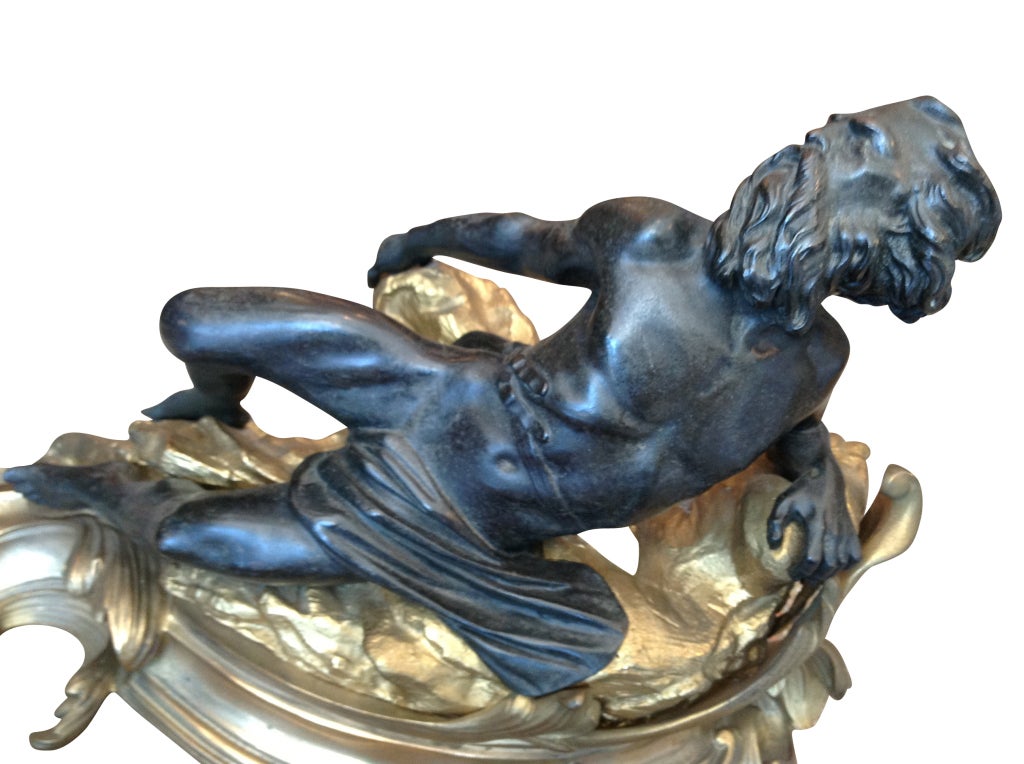 French Pr Louis XV Style Patinated Bronze & Orlmolu Chenets, Andirons, 19th Century For Sale