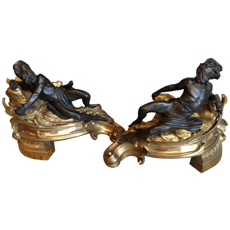 Pr Louis XV Style Patinated Bronze & Orlmolu Chenets, Andirons, 19th Century For Sale