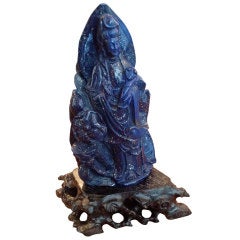 Antique Chinese Kwan-Yin Buddha, Hand Carved of Lapis Lazuli on Stand