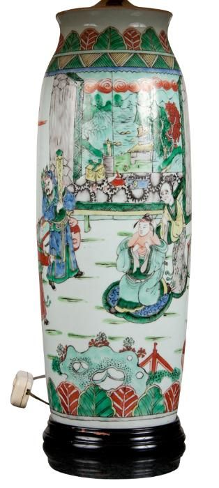 A Chinese porcelain vase form famille vert two-light lamp mounted on a wood base. Newly Wried, Original Antique Condition. Vase height is 19