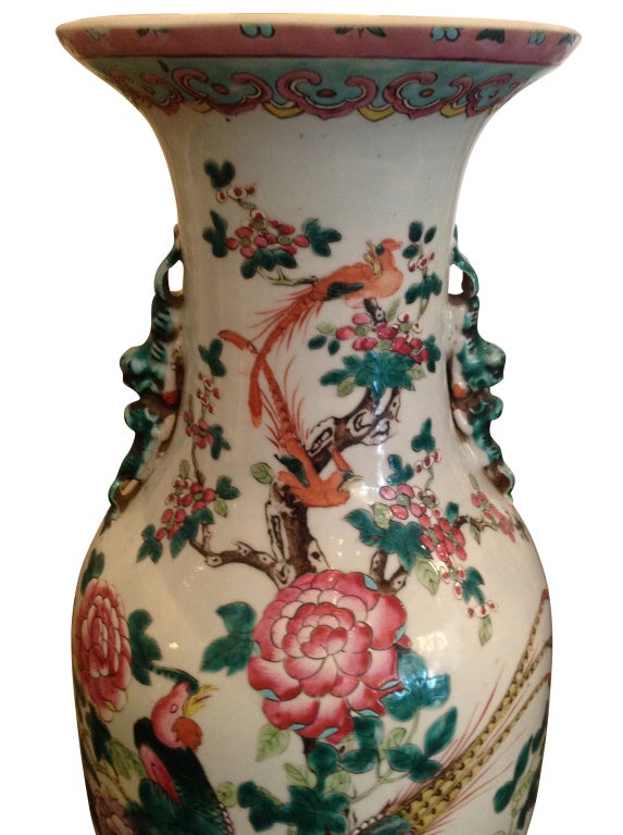 Chinese Porcelain Multi - Pheasant Vase with Dragon Handles, 23"h, 19th Century