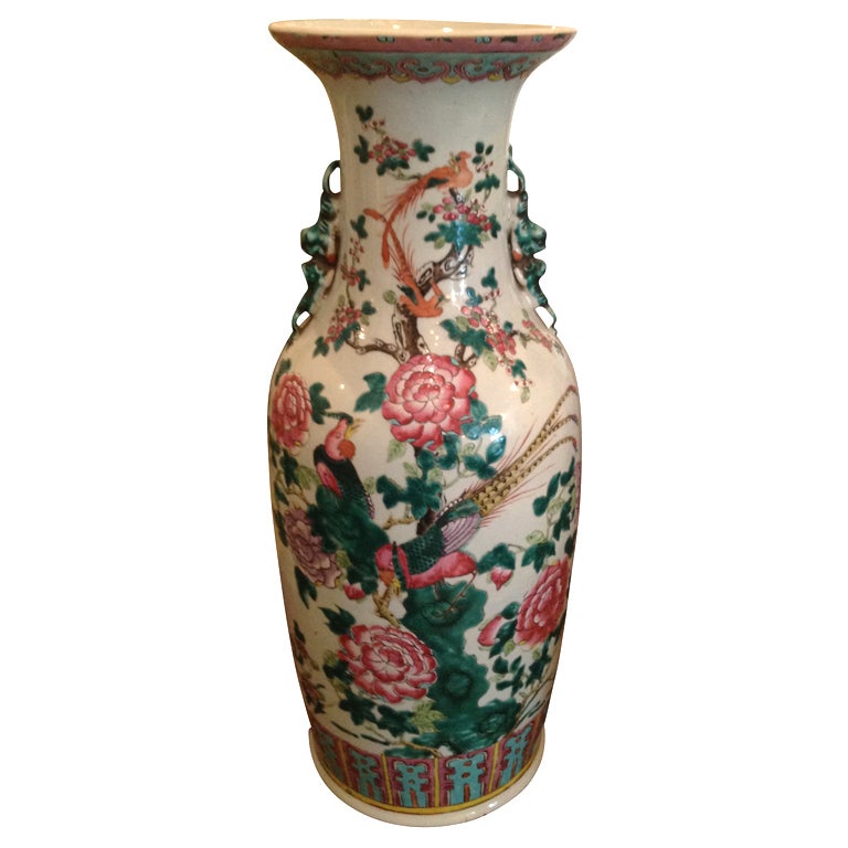 Chinese Porcelain Multi - Pheasant Vase with Dragon Handles, 23"h, 19th Century For Sale