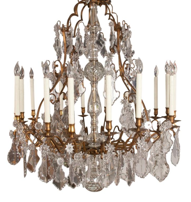 An impressive French Louis XV style gilt bronze and drop crystal, eighteen-arm chandelier of cage form with wax drip sleeves, newly wired. Provenance: Nesle, New York.

Originally $ 54,000.00

PLEASE VISIT OUR SITE FOR ADDITIONAL SPECIALS