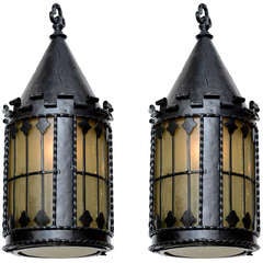 Pr of American Arts & Crafts Lanterns with Seeded Slag Glass, Circa 1900