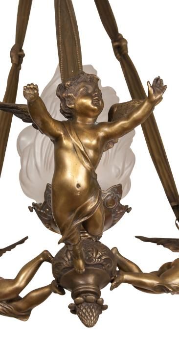 French Bronze Pendent, Chandelier, Ceiling Fixture with Putti, Cherubs, 19th Century