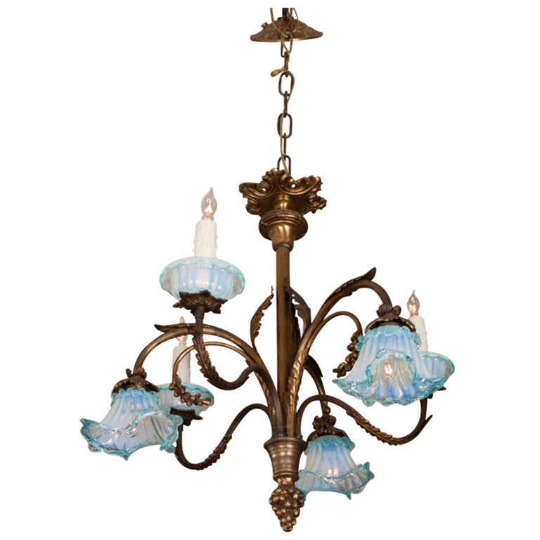 French Gilt Chandelier, Fixture  with Venetian Glass Shades, 19th Century For Sale