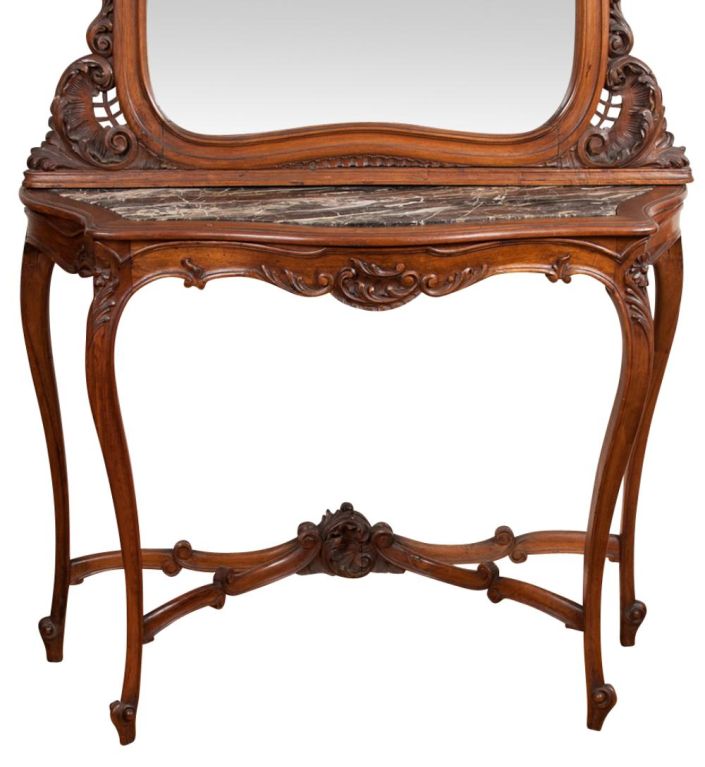 French Provinical Console with Marble Top & Mirror, Carved