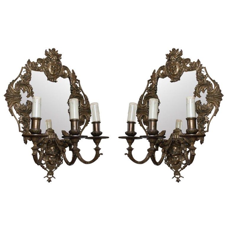 Pair of Bronze Wall Sconces, Appliques with Mirrored Backs, 19th century For Sale