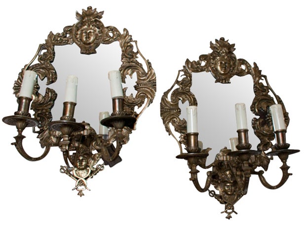 Pair of Napoleonic bronze wall sconces with mirror backs, triple wax candle arms, newly wired, original restored finish

Originally $ 3,400.00

PLEASE VISIT OUR SITE FOR ADDITIONAL SPECIALS