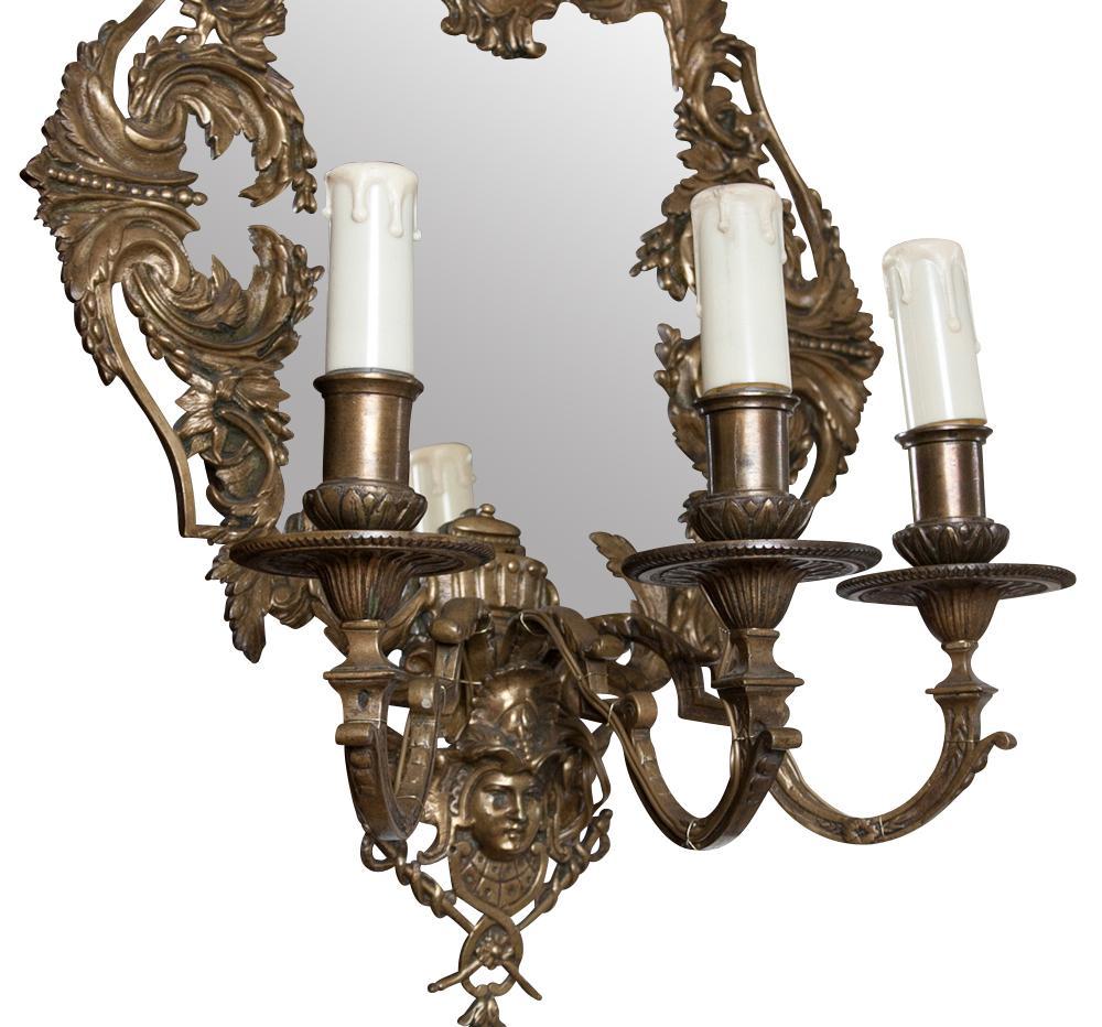 French Pair of Bronze Wall Sconces, Appliques with Mirrored Backs, 19th century For Sale