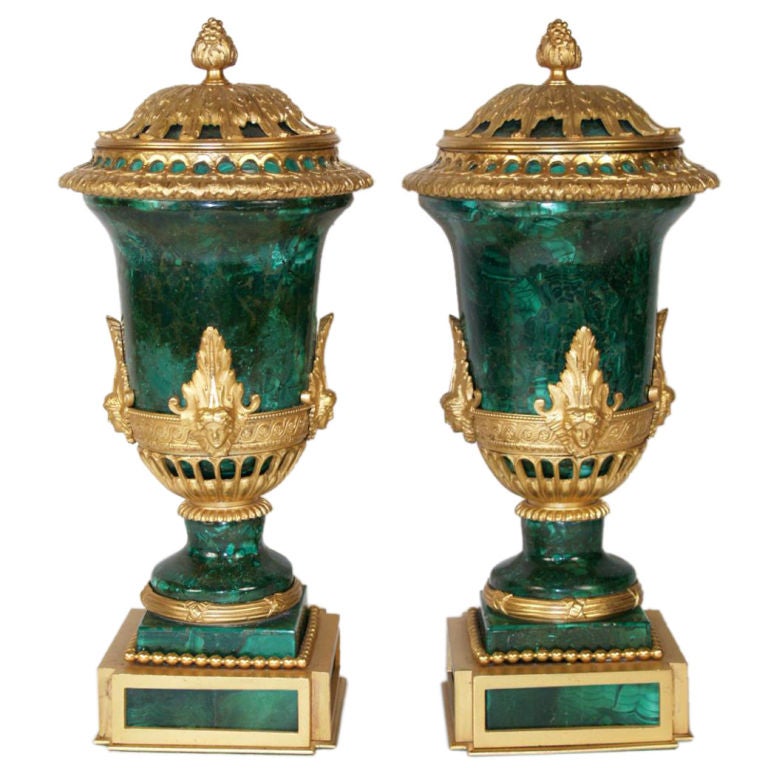 Pair of Malachite & Ormolu Cassolettes, Urns, 19th Century For Sale