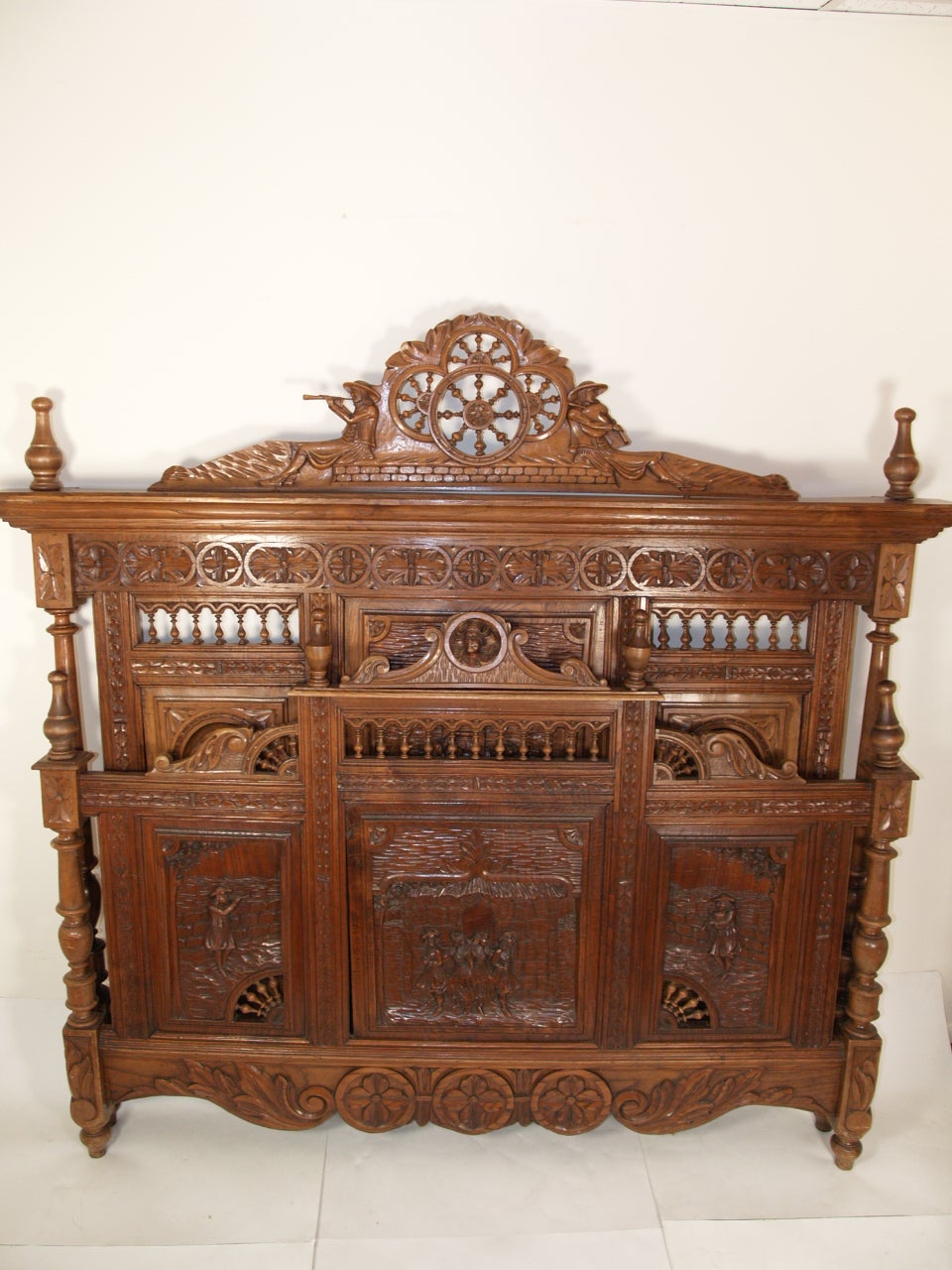 French Hand Heavily Carved Walnut Brittany Bed, Head, 19th Century For Sale