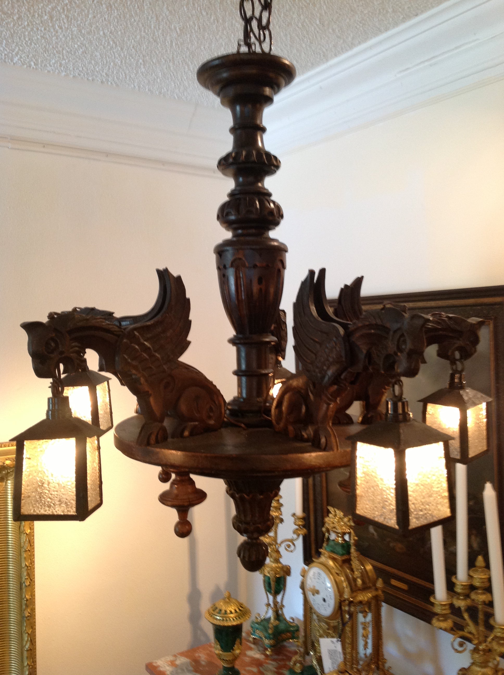 Black Forest Chandelier with Dragons & Slag Glass Shades, Circa 1900 For Sale