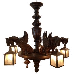 Antique Black Forest Chandelier with Dragons & Slag Glass Shades, Circa 1900